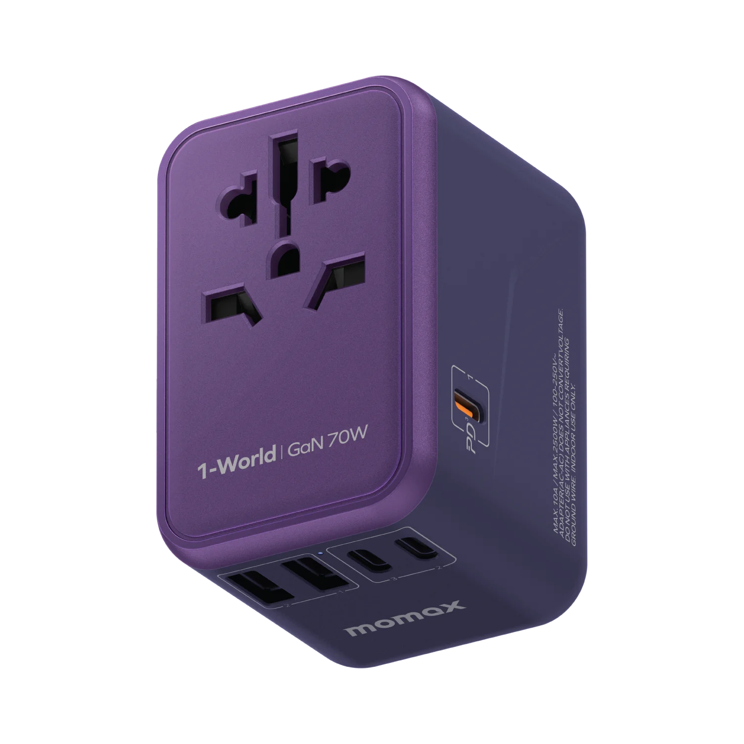 MOMAX 1-World Travel Adapter — UA8A · 70W · 5 ports · Purple